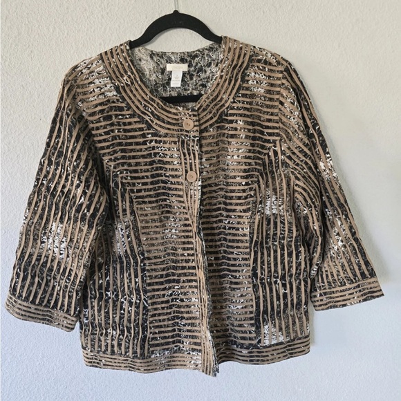 Art To Wear Chico's Jacket L Women Jungle Print Duble Button Bohomein Excellent - Picture 3 of 14